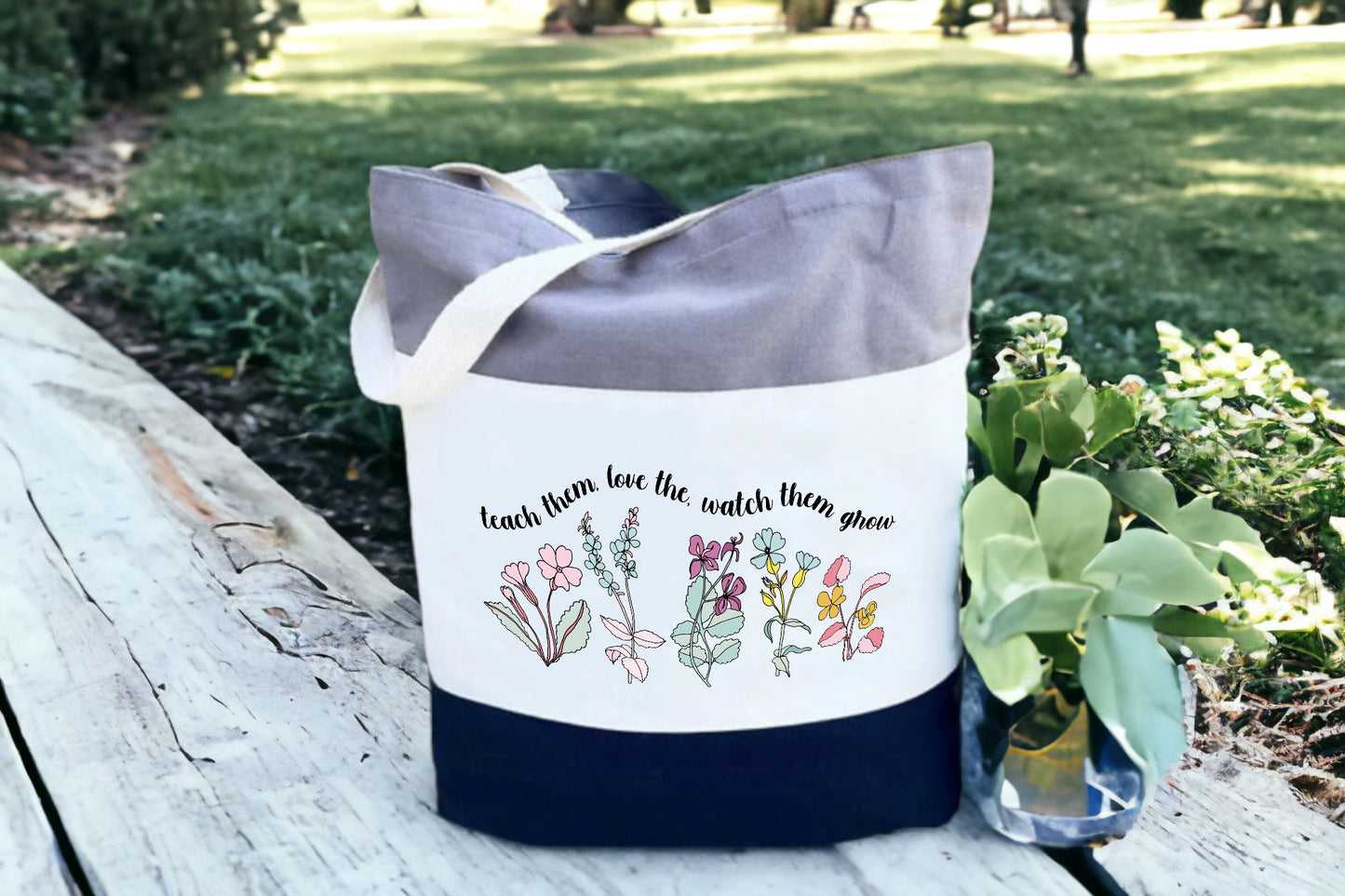 Tote For Teachers, Canvas Floral Tote Bag, Tri Color Tote Bag-newamarketing