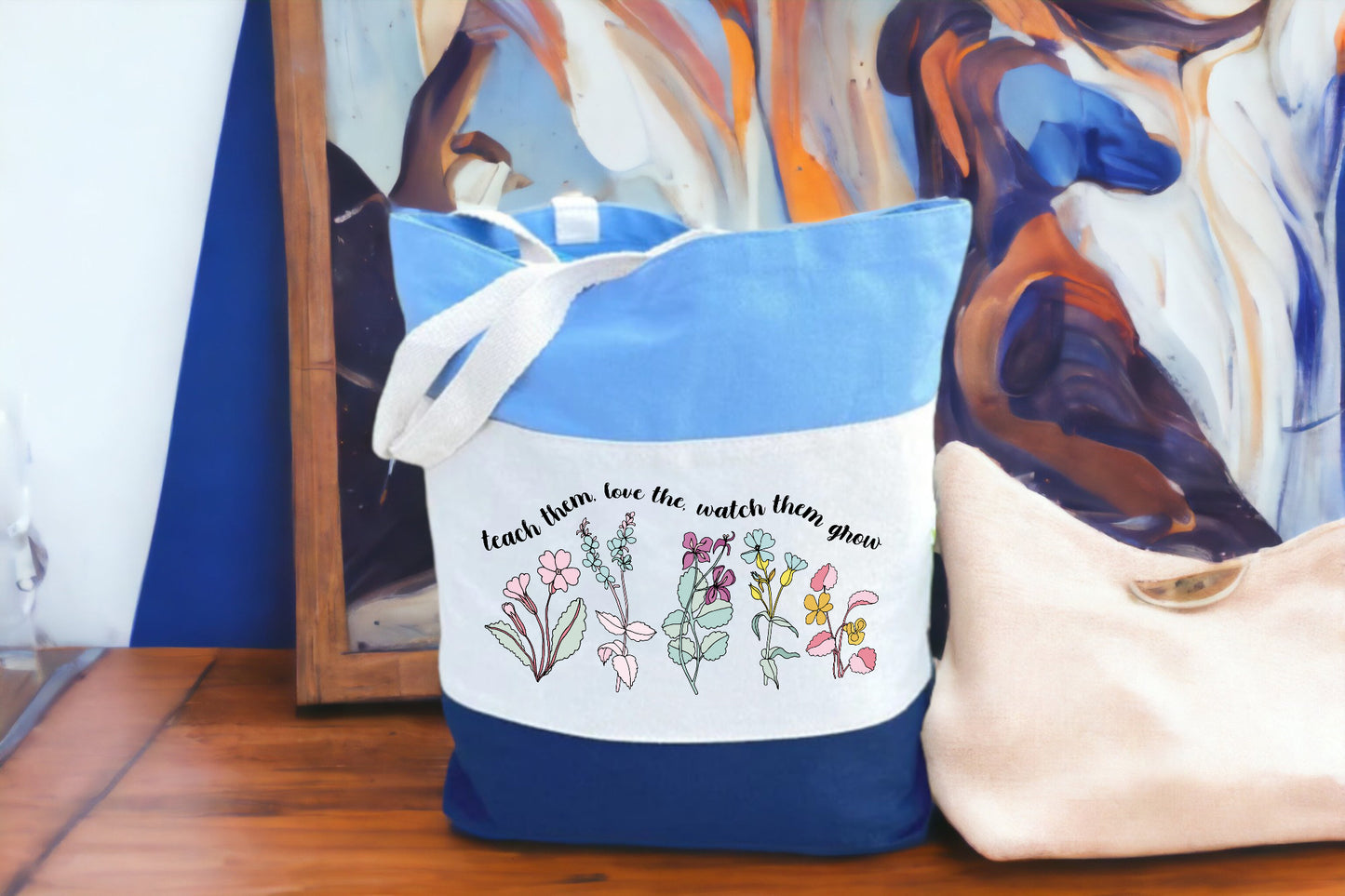 Tote For Teachers, Canvas Floral Tote Bag, Tri Color Tote Bag-newamarketing