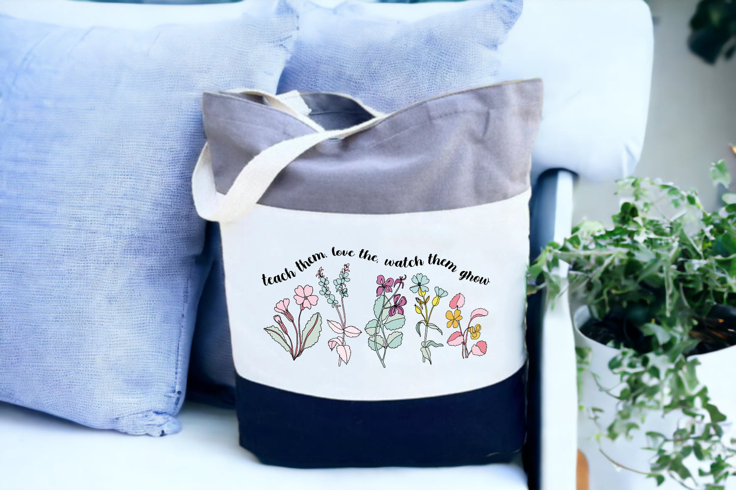 Tote For Teachers, Canvas Floral Tote Bag, Tri Color Tote Bag-newamarketing