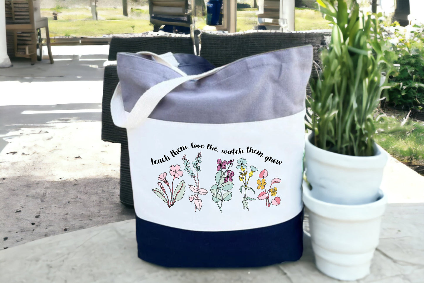 Tote For Teachers, Canvas Floral Tote Bag, Tri Color Tote Bag-newamarketing