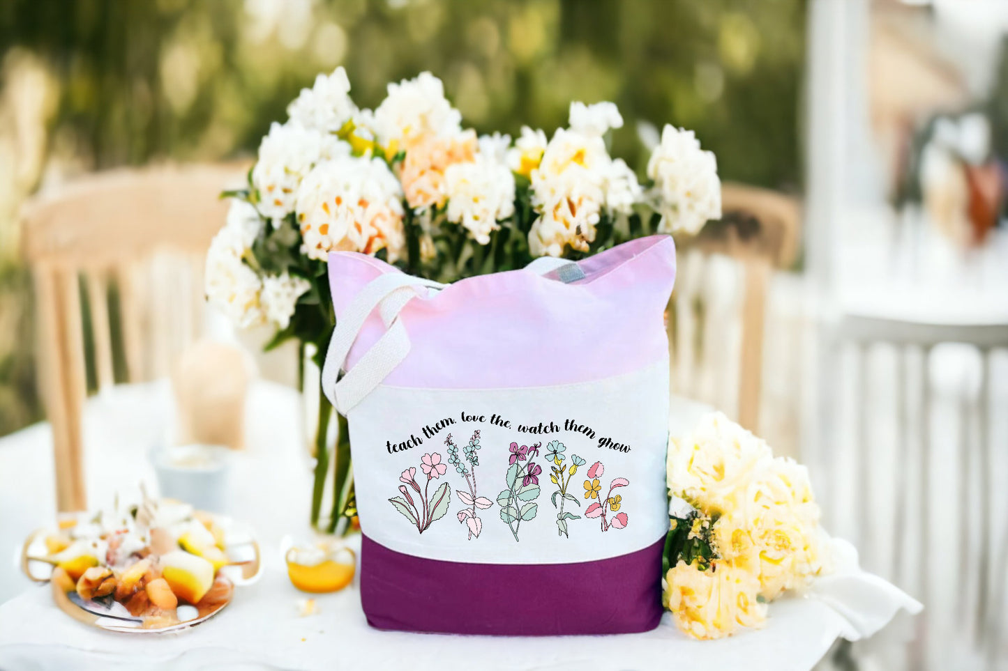 Tote For Teachers, Canvas Floral Tote Bag, Tri Color Tote Bag-newamarketing