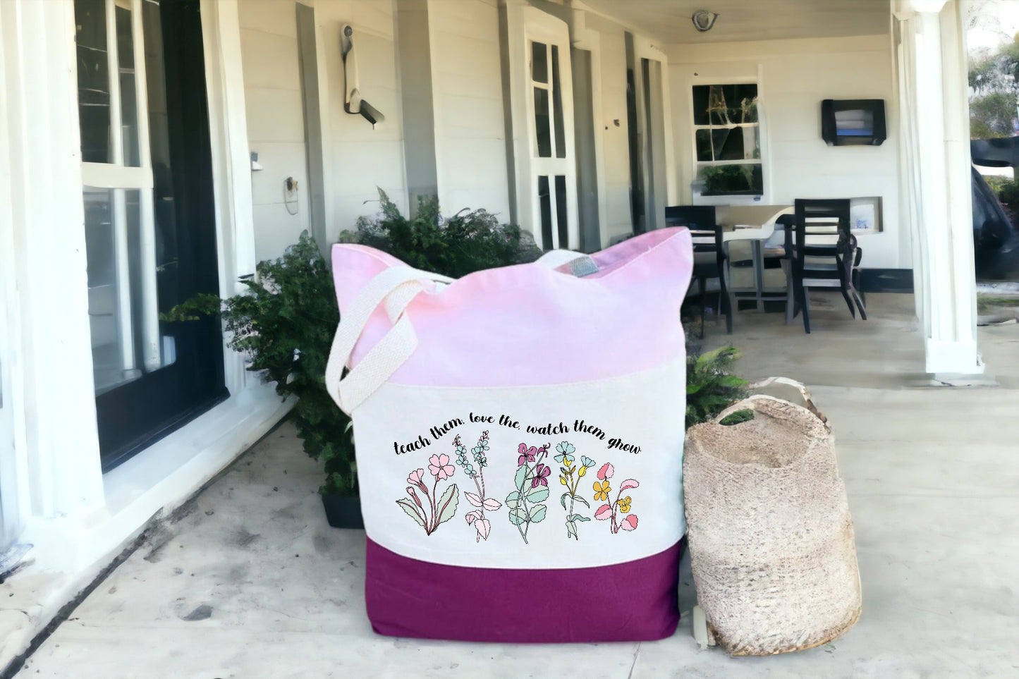 Tote For Teachers, Canvas Floral Tote Bag, Tri Color Tote Bag-newamarketing