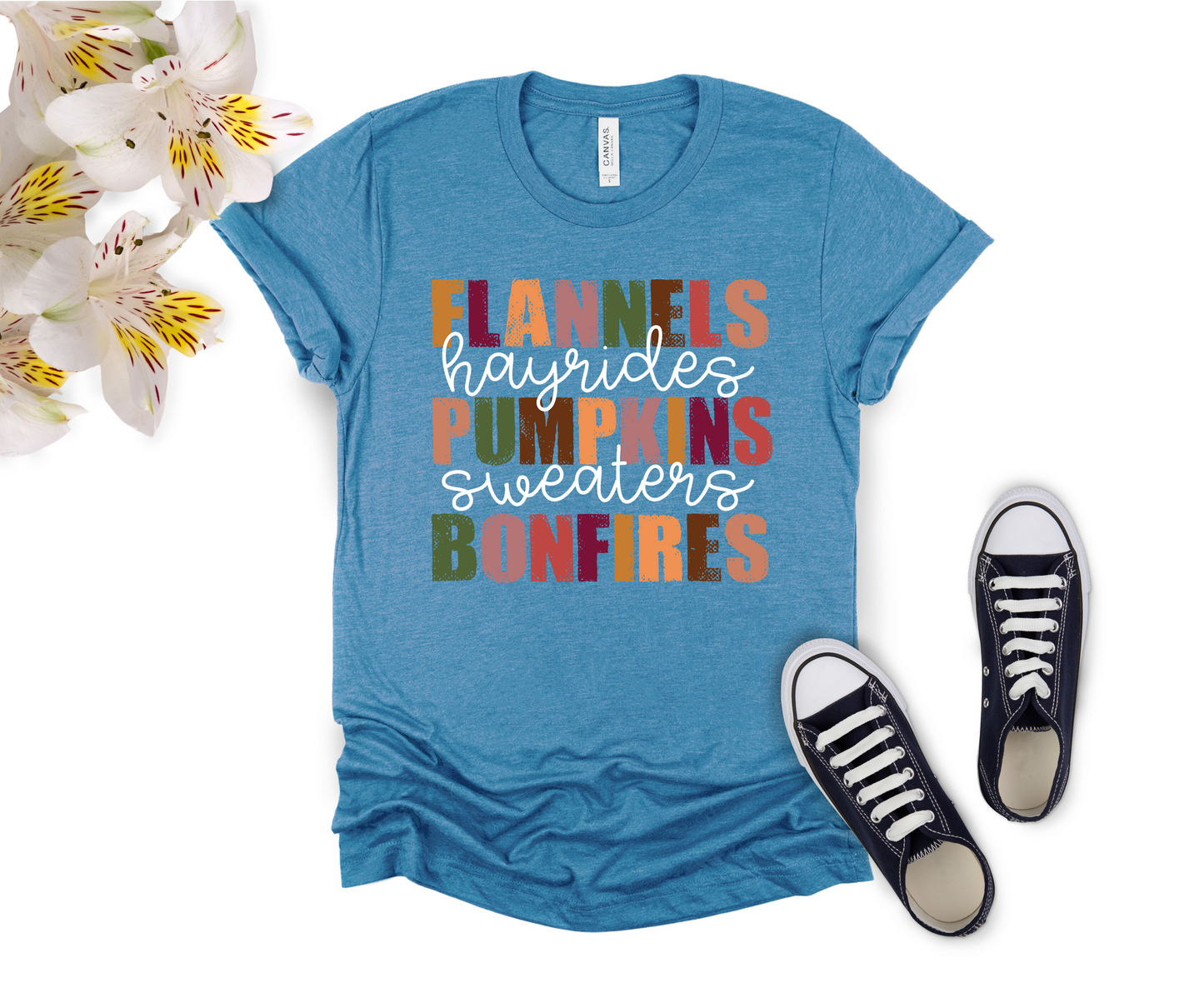 Newa Marketing, Flannels Hayrides Pumpkins Sweaters Bonfires Shirt, Thanksgiving T-Shirts, Pumpkin Fall Shirt, Autumn Tshirt, Halloween, high-quality, Made in the USA, Pumpkin Shirt, moms, father, mother, dad, kids, adult, youth, toddler t-shirt, baby onesie, matching, design, family, soft cotton, holiday, trip, vacation, gift