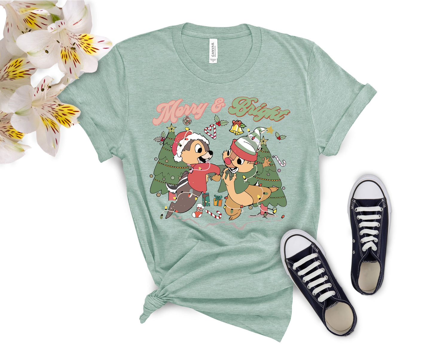 Merry and Bright Christmas T-Shirt – Cute Chipmunk Holiday Graphic Tee for Family Matching Outfits