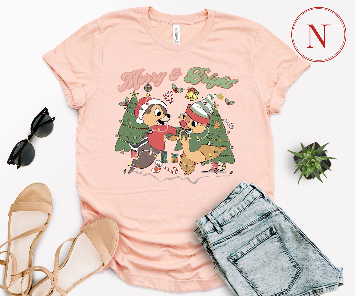 Merry and Bright Christmas T-Shirt – Cute Chipmunk Holiday Graphic Tee for Family Matching Outfits