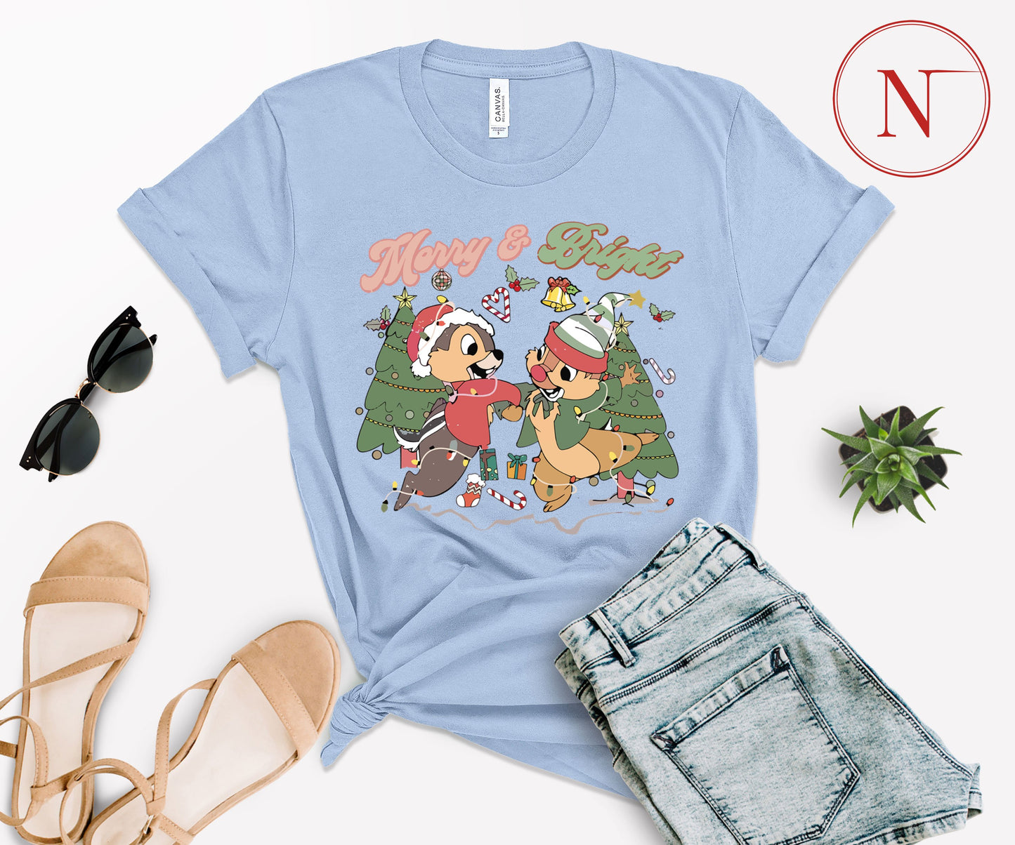 Merry and Bright Christmas T-Shirt – Cute Chipmunk Holiday Graphic Tee for Family Matching Outfits