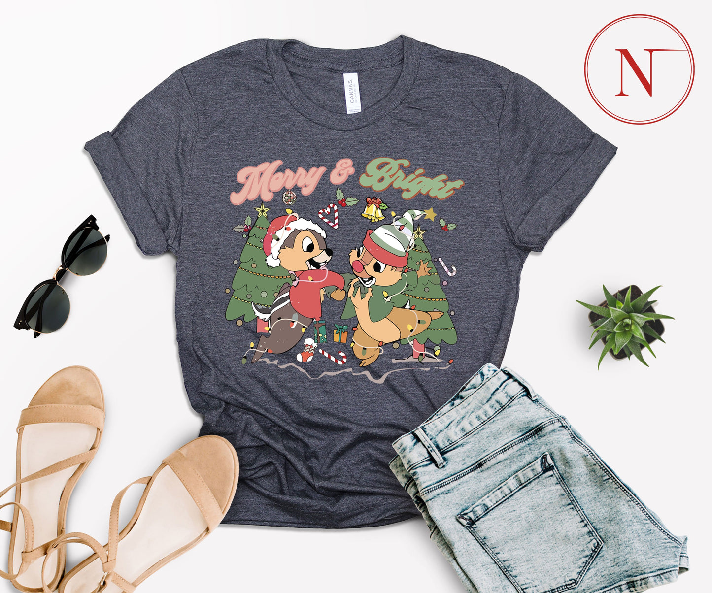 Merry and Bright Christmas T-Shirt – Cute Chipmunk Holiday Graphic Tee for Family Matching Outfits