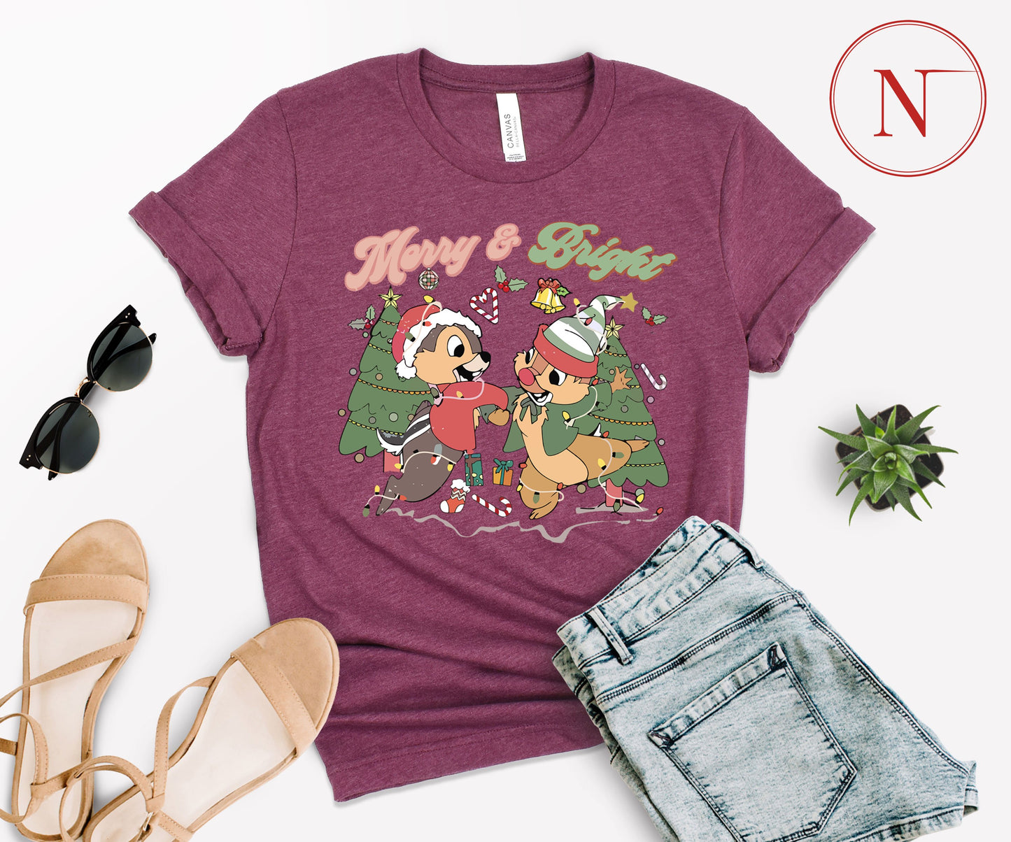 Merry and Bright Christmas T-Shirt – Cute Chipmunk Holiday Graphic Tee for Family Matching Outfits