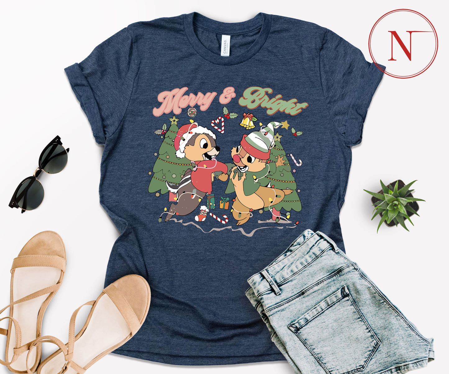 Merry and Bright Christmas T-Shirt – Cute Chipmunk Holiday Graphic Tee for Family Matching Outfits