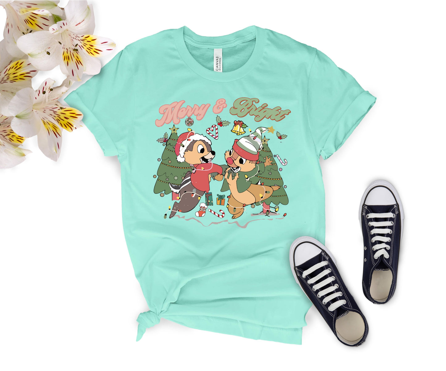 Merry and Bright Christmas T-Shirt – Cute Chipmunk Holiday Graphic Tee for Family Matching Outfits