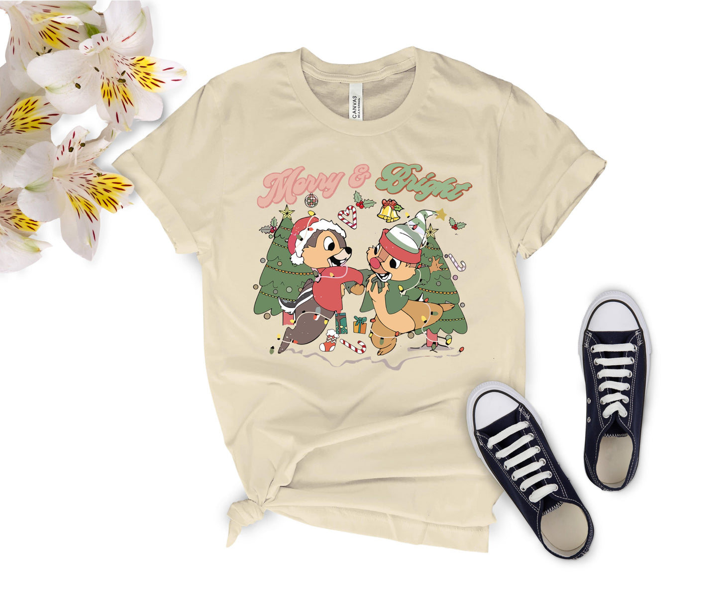 Merry and Bright Christmas T-Shirt – Cute Chipmunk Holiday Graphic Tee for Family Matching Outfits
