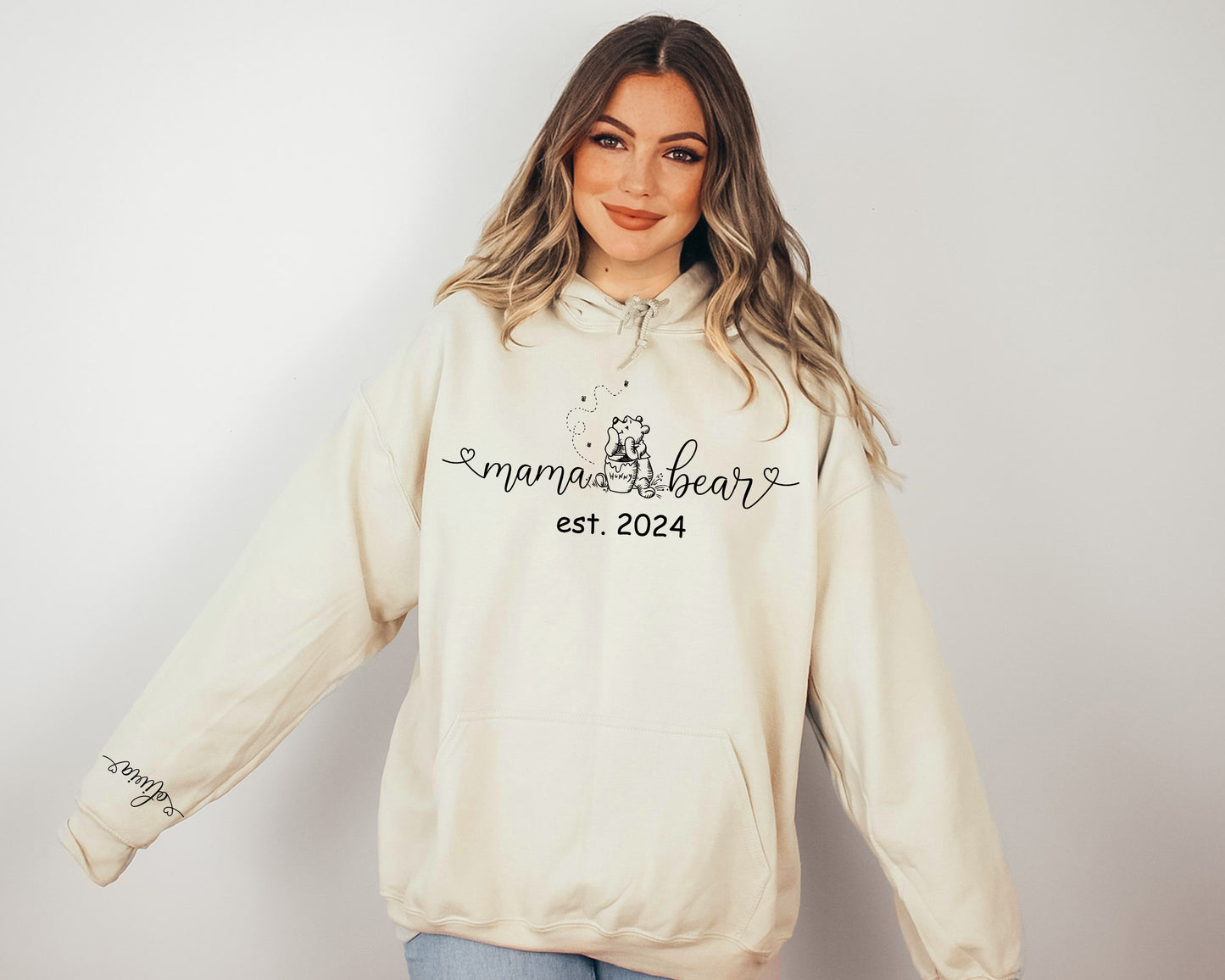 Custom Mama Bear Sweatshirt, Winnie The Pooh Sweater, Custom Sleeve Name Hoodie-newamarketing