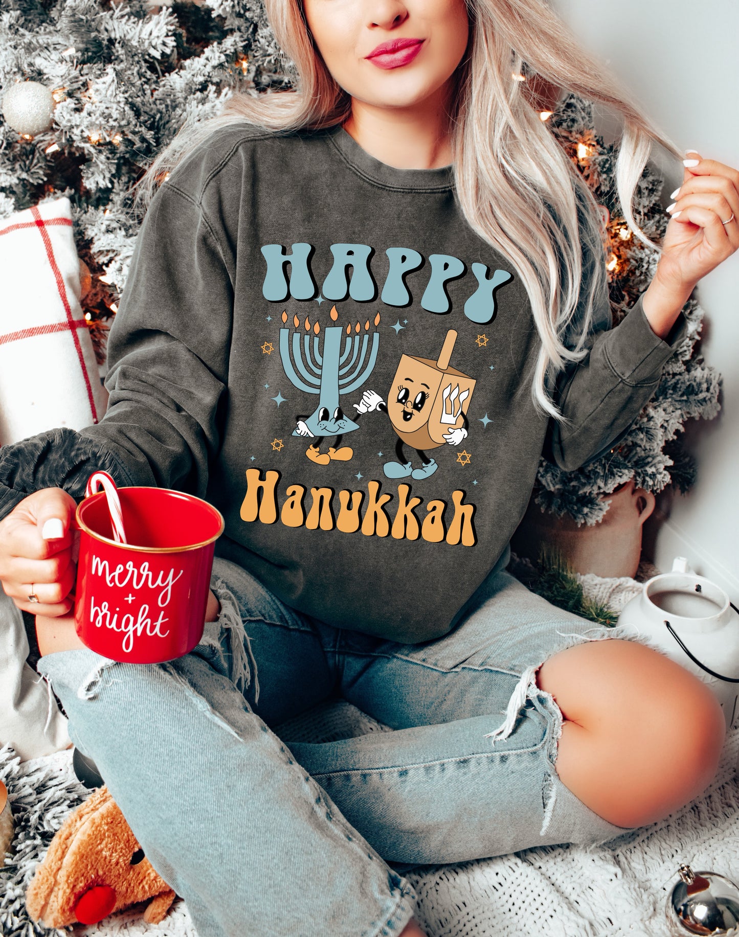 Comfort Color Sweatshirt, Hanukkah Sweaters, Happy Hanukkah Sweater-newamarketing
