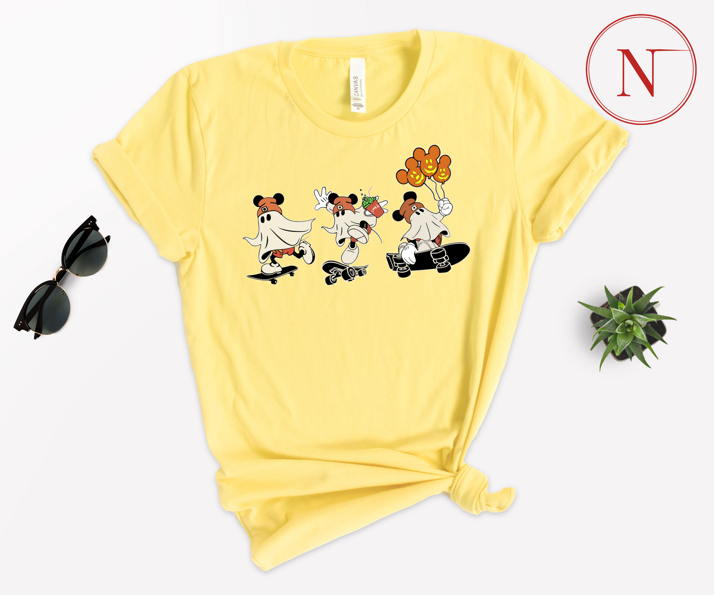 Newa Marketing, Mickey Ghost Skateboarding Shirt, Halloween, family, Mickey and Friends, matching, t-shirts, Made in the USA, high-quality, cotton, graphic tee, Disney,characters, mom, dad, kids, trip, Disneyland, spooky, adult, youth, toddler, baby onesie