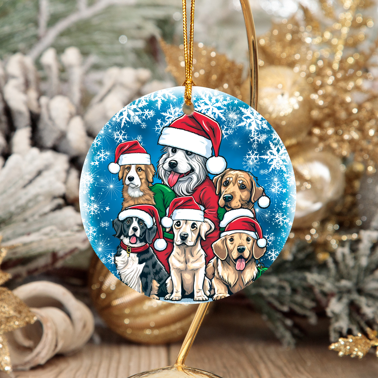 Christmas Dog Ornament - Adorable Santa Hat Puppies Round Ceramic Ornament, 3"