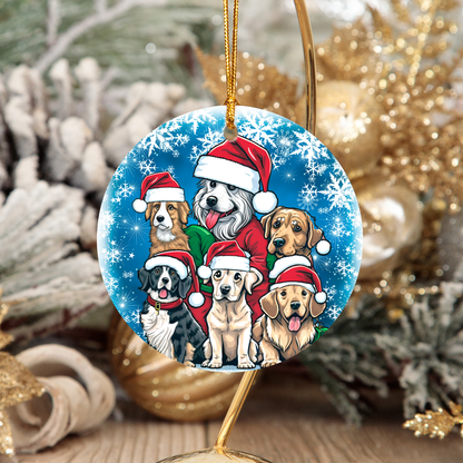 Christmas Dog Ornament - Adorable Santa Hat Puppies Round Ceramic Ornament, 3"