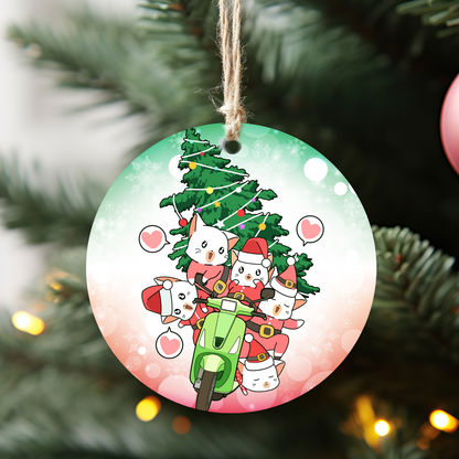 Cute Christmas Ornament – Cat Santa Squad on Scooter with Christmas Tree, 3-Inch Round Holiday Décor