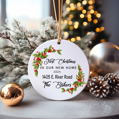 Newa Marketing- New Home Personalized Ornament - First Home Christmas Ornament - Housewarming Gift, 3-inch, ornament, custom, names, address, date, housewarming gift, unique, touch, holiday, decoration, personalized, christmas, Made in USA, round