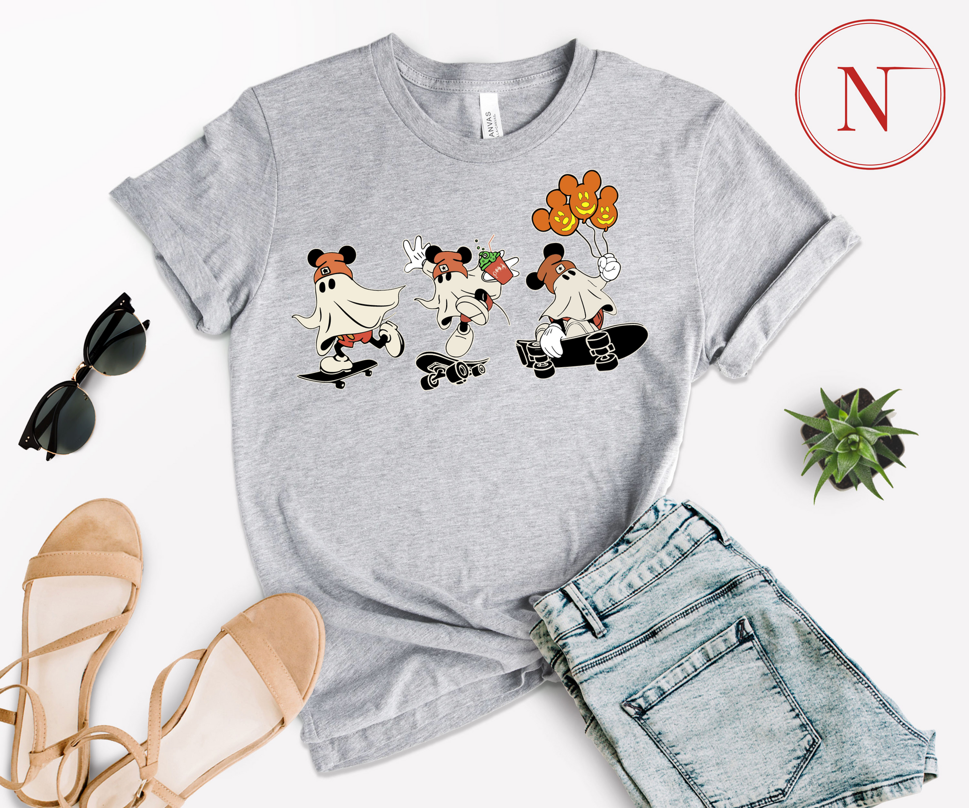 Newa Marketing, Mickey Ghost Skateboarding Shirt, Halloween, family, Mickey and Friends, matching, t-shirts, Made in the USA, high-quality, cotton, graphic tee, Disney,characters, mom, dad, kids, trip, Disneyland, spooky, adult, youth, toddler, baby onesie