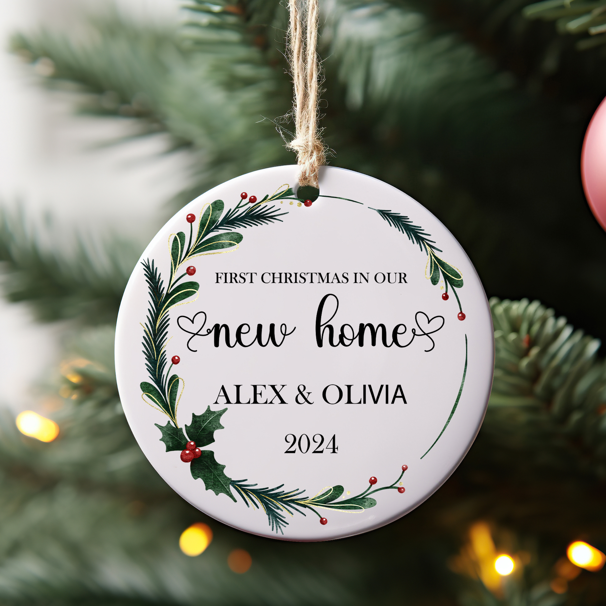 Newa Marketing- New Home Personalized Ornament - First Home Christmas Ornament - New House Ornament, 3-inch, ornament, custom, names, address, date, housewarming gift, unique, touch, holiday, decoration, personalized, christmas, Made in USA