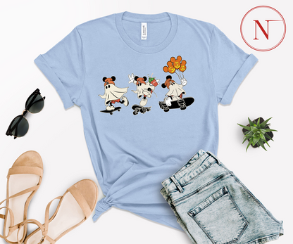 Newa Marketing, Mickey Ghost Skateboarding Shirt, Halloween, family, Mickey and Friends, matching, t-shirts, Made in the USA, high-quality, cotton, graphic tee, Disney,characters, mom, dad, kids, trip, Disneyland, spooky, adult, youth, toddler, baby onesie