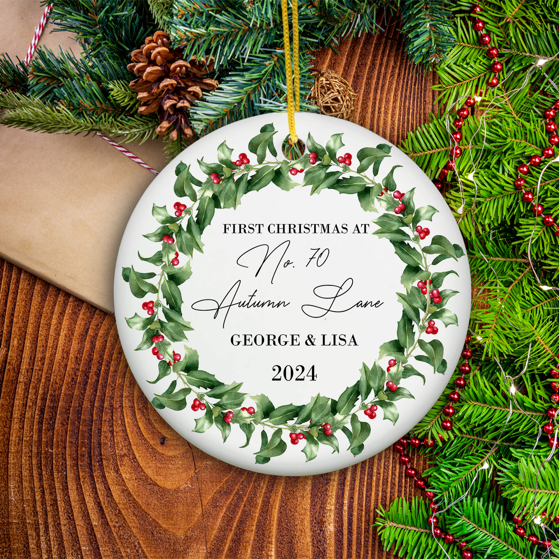 Newa Marketing - First Home Christmas Personalized Ornament - New House Ornament - Housewarming Gift, 3-inch, ornament, custom, names, address, date, housewarming gift, unique, touch, holiday, decoration, personalized, christmas, Made in USA