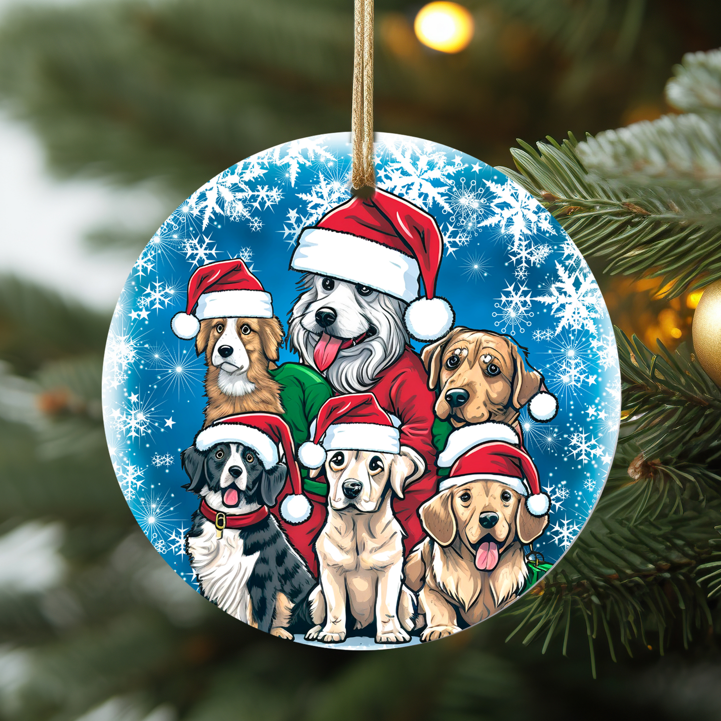 Christmas Dog Ornament - Adorable Santa Hat Puppies Round Ceramic Ornament, 3"