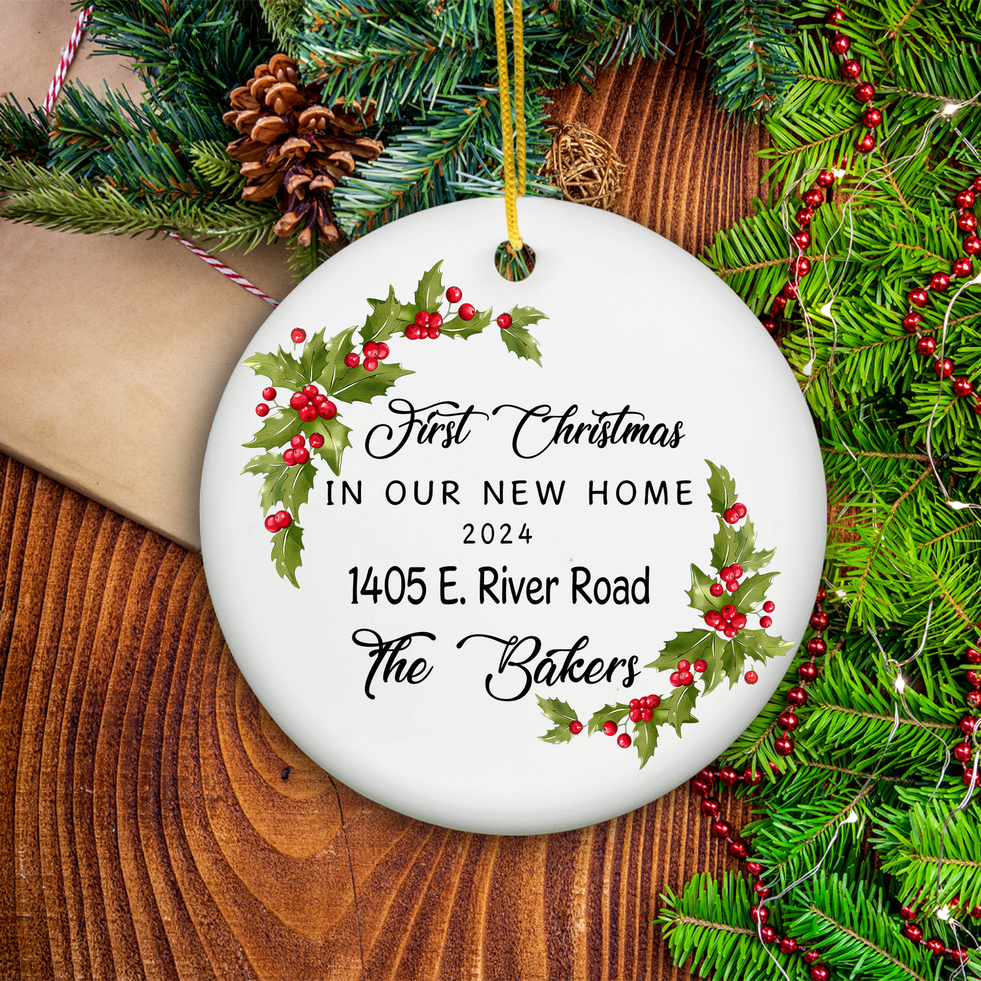 Newa Marketing- New Home Personalized Ornament - First Home Christmas Ornament - Housewarming Gift, 3-inch, ornament, custom, names, address, date, housewarming gift, unique, touch, holiday, decoration, personalized, christmas, Made in USA, round