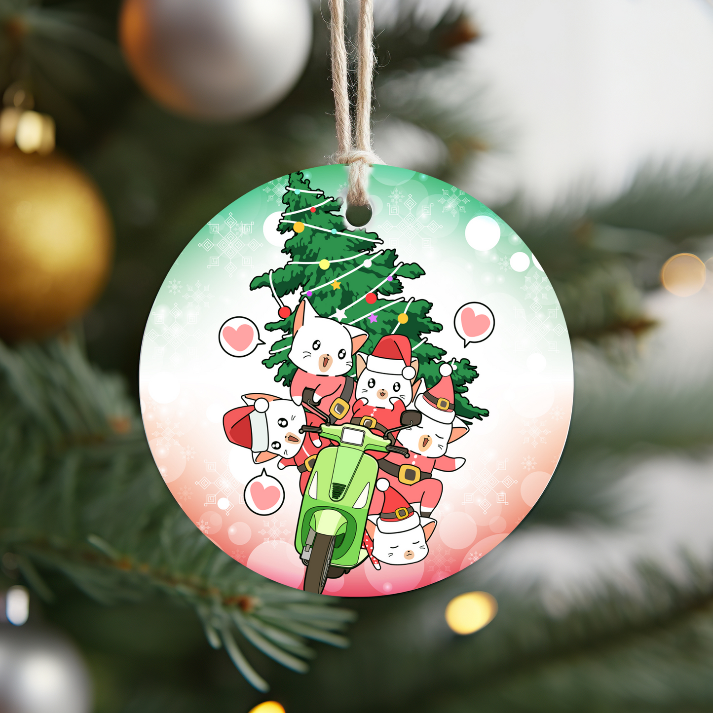 Cute Christmas Ornament – Cat Santa Squad on Scooter with Christmas Tree, 3-Inch Round Holiday Décor