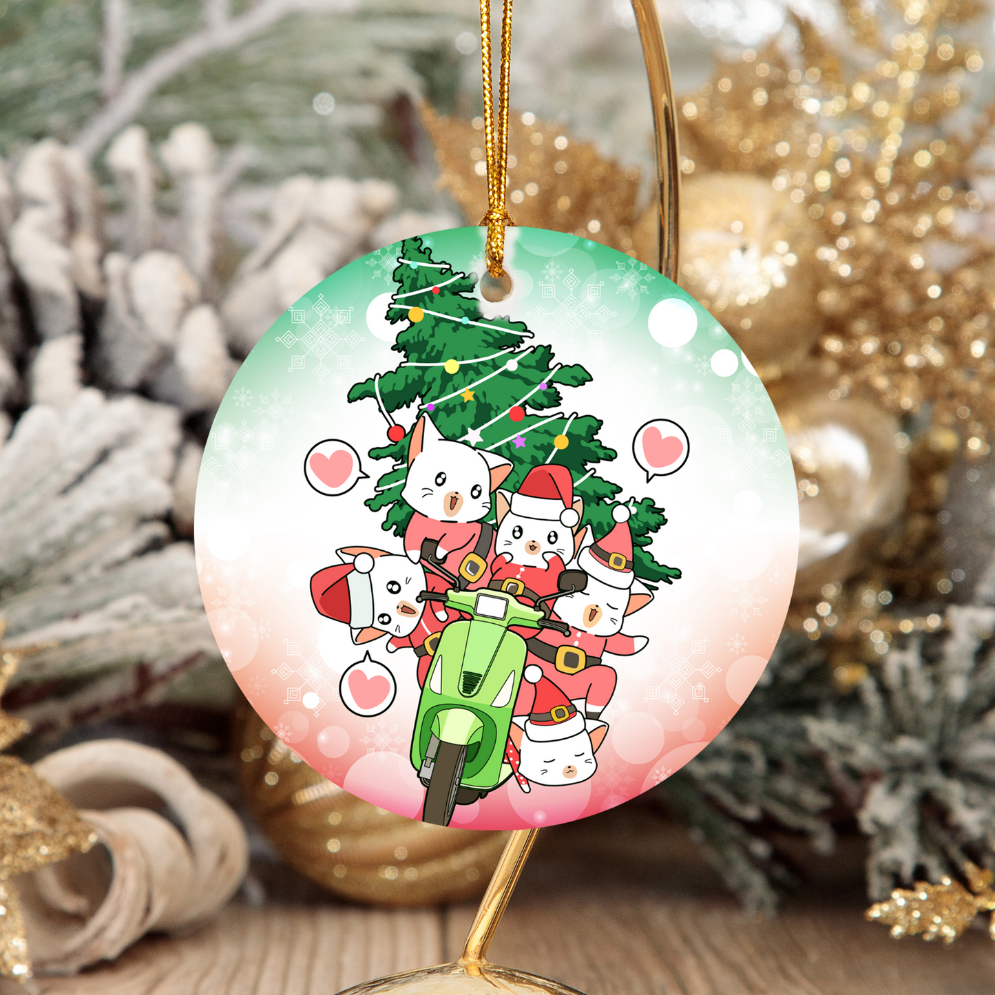 Cute Christmas Ornament – Cat Santa Squad on Scooter with Christmas Tree, 3-Inch Round Holiday Décor