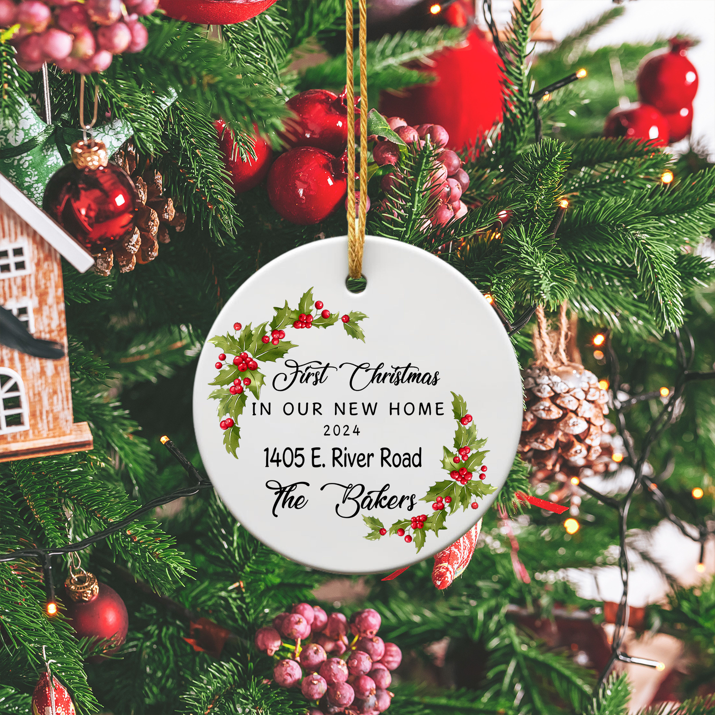 Newa Marketing- New Home Personalized Ornament - First Home Christmas Ornament - Housewarming Gift, 3-inch, ornament, custom, names, address, date, housewarming gift, unique, touch, holiday, decoration, personalized, christmas, Made in USA, round