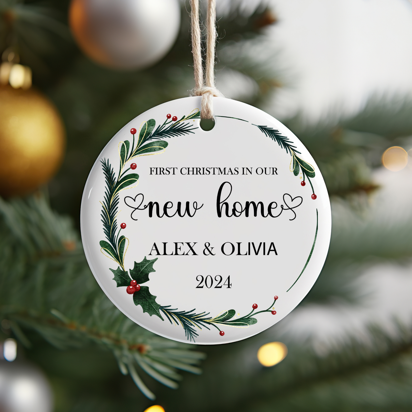 Newa Marketing- New Home Personalized Ornament - First Home Christmas Ornament - New House Ornament, 3-inch, ornament, custom, names, address, date, housewarming gift, unique, touch, holiday, decoration, personalized, christmas, Made in USA