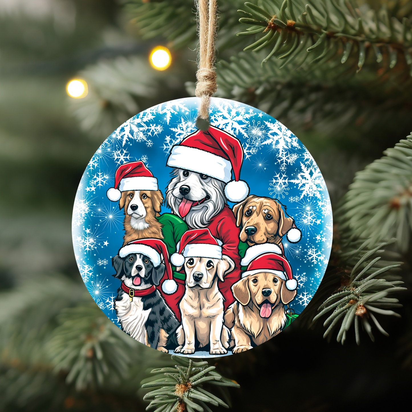 Christmas Dog Ornament - Adorable Santa Hat Puppies Round Ceramic Ornament, 3"