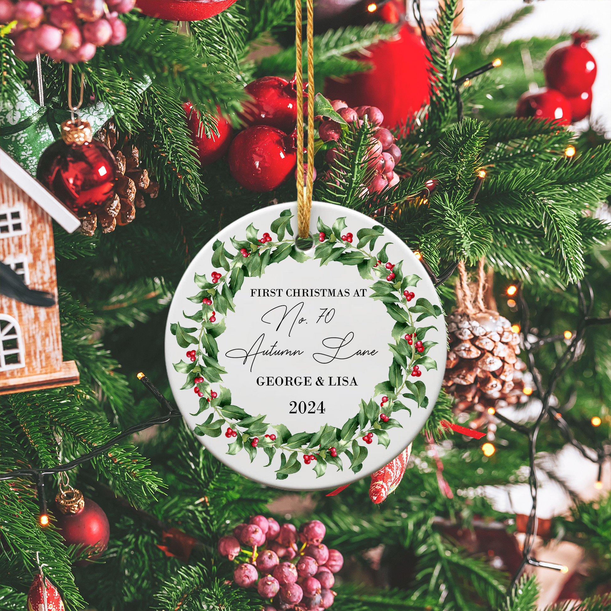 Newa Marketing - First Home Christmas Personalized Ornament - New House Ornament - Housewarming Gift, 3-inch, ornament, custom, names, address, date, housewarming gift, unique, touch, holiday, decoration, personalized, christmas, Made in USA