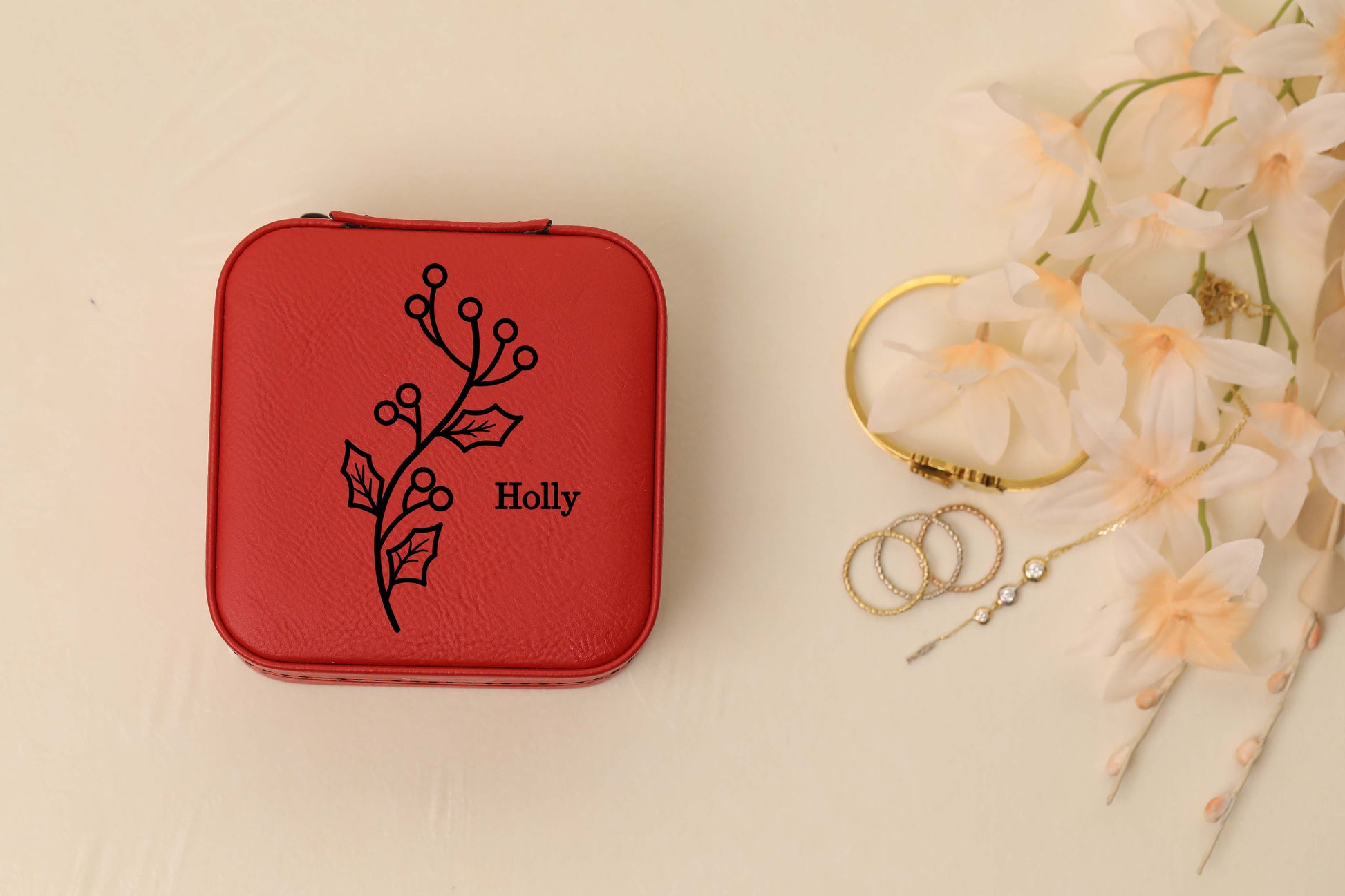 Birth Flower Jewelry Box, Personalized Jewelry Box, Travel Jewelry Box-newamarketing