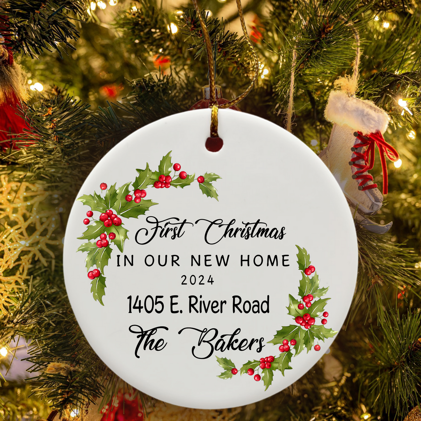 Newa Marketing- New Home Personalized Ornament - First Home Christmas Ornament - Housewarming Gift, 3-inch, ornament, custom, names, address, date, housewarming gift, unique, touch, holiday, decoration, personalized, christmas, Made in USA, round