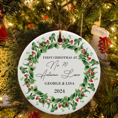 Newa Marketing - First Home Christmas Personalized Ornament - New House Ornament - Housewarming Gift, 3-inch, ornament, custom, names, address, date, housewarming gift, unique, touch, holiday, decoration, personalized, christmas, Made in USA