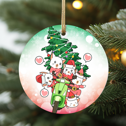 Cute Christmas Ornament – Cat Santa Squad on Scooter with Christmas Tree, 3-Inch Round Holiday Décor