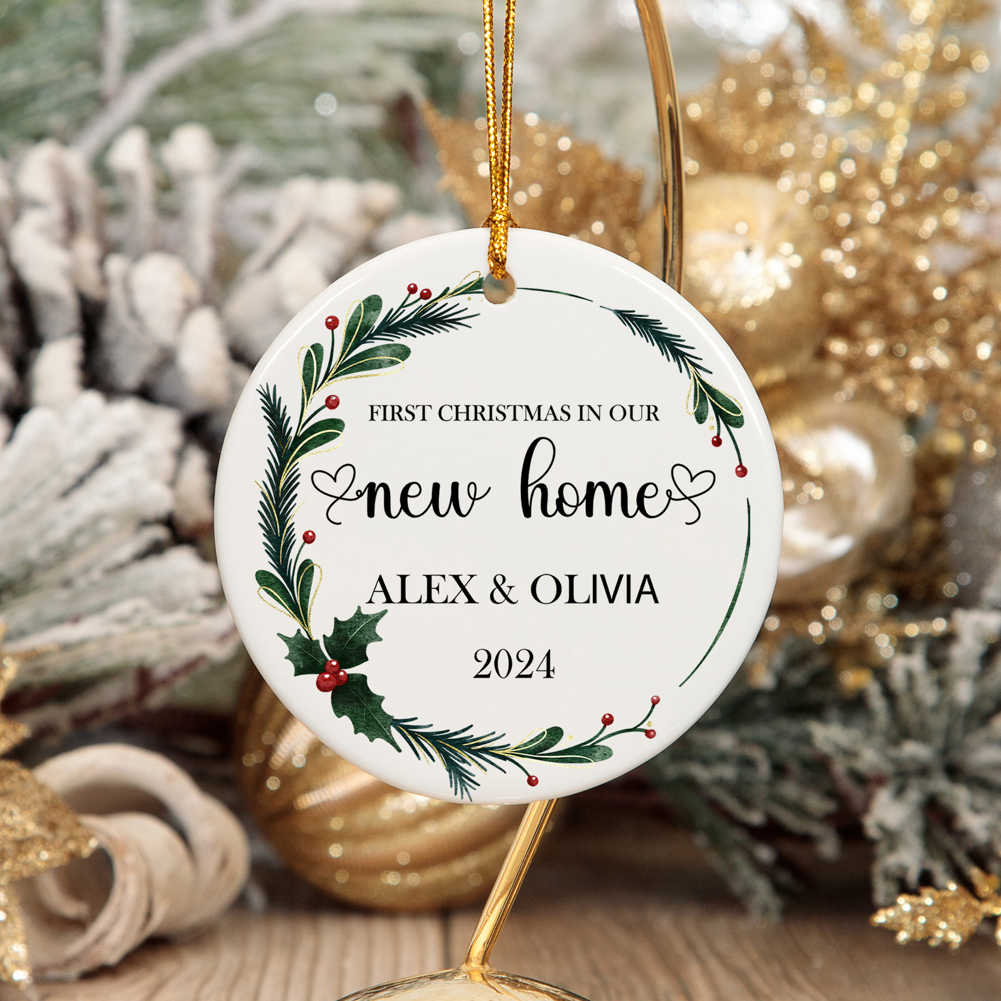 Newa Marketing- New Home Personalized Ornament - First Home Christmas Ornament - New House Ornament, 3-inch, ornament, custom, names, address, date, housewarming gift, unique, touch, holiday, decoration, personalized, christmas, Made in USA