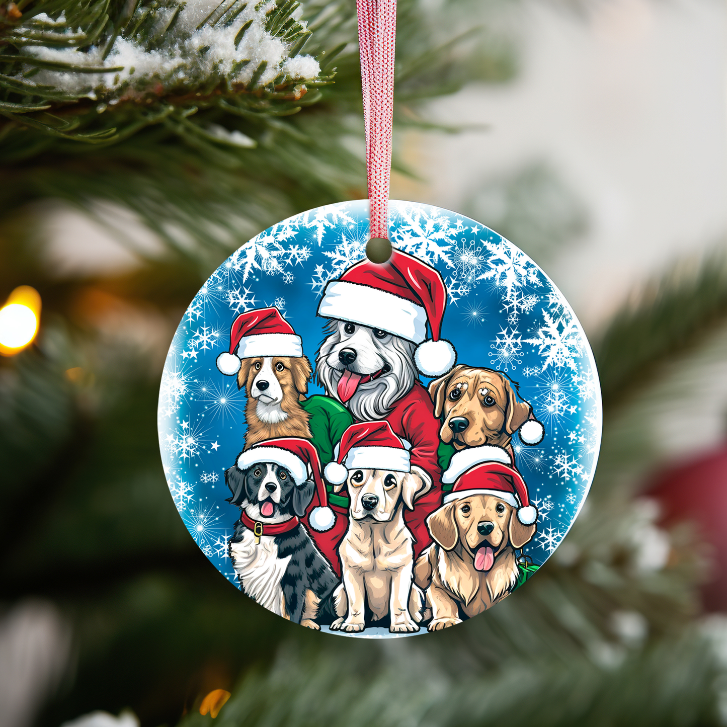 Christmas Dog Ornament - Adorable Santa Hat Puppies Round Ceramic Ornament, 3"