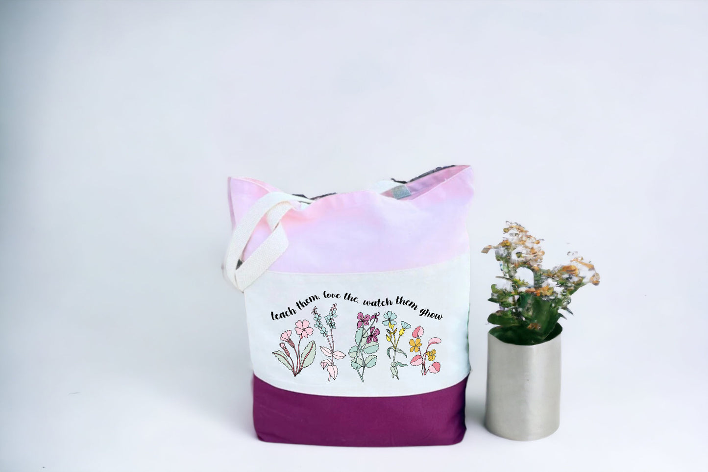 Tote For Teachers, Canvas Floral Tote Bag, Tri Color Tote Bag-newamarketing