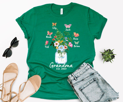 Custom Grandma Shirt, Grandma Est Flower Butterfly Shirt, Grandkids Name Shirt-newamarketing