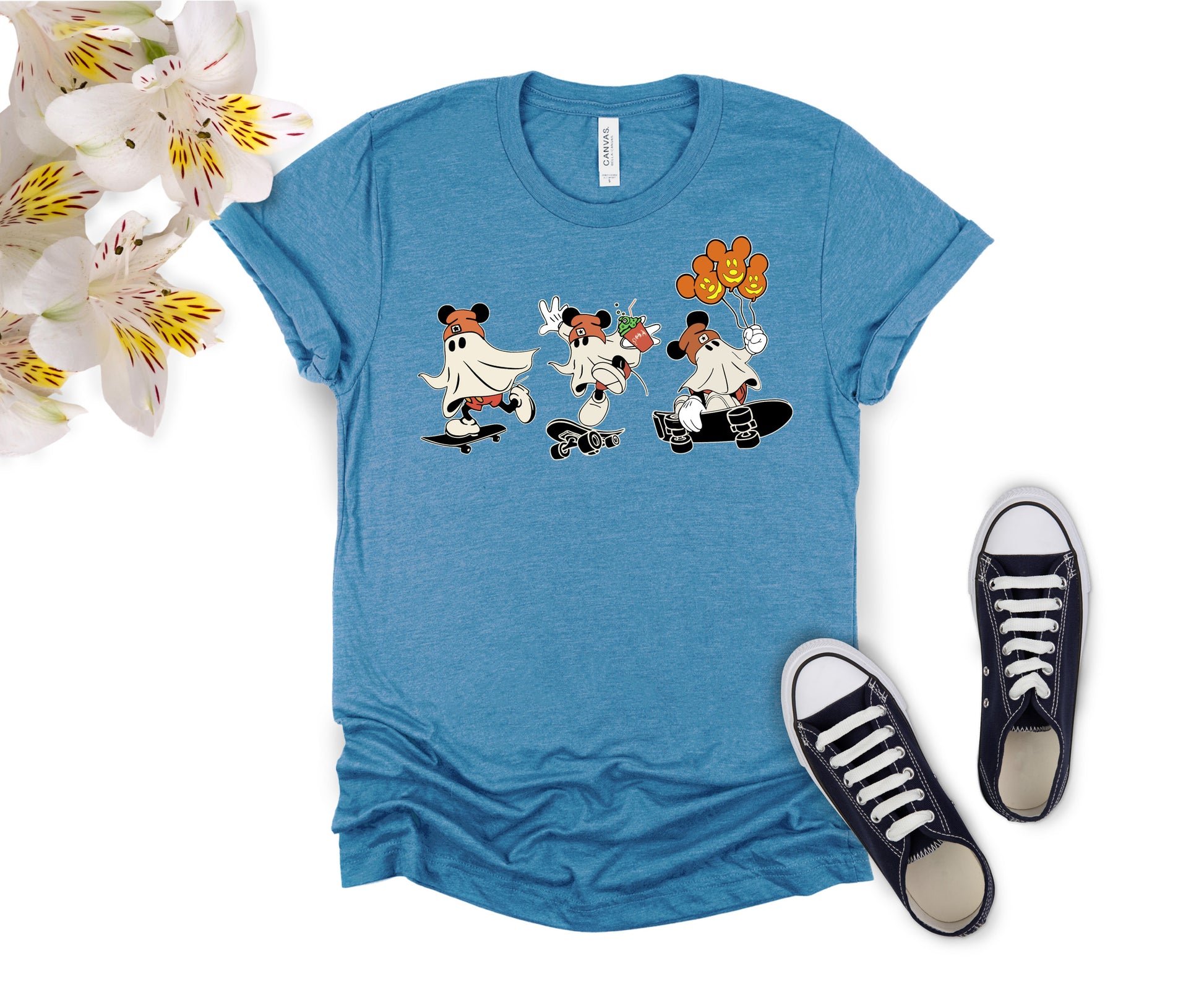 Newa Marketing, Mickey Ghost Skateboarding Shirt, Halloween, family, Mickey and Friends, matching, t-shirts, Made in the USA, high-quality, cotton, graphic tee, Disney,characters, mom, dad, kids, trip, Disneyland, spooky, adult, youth, toddler, baby onesie