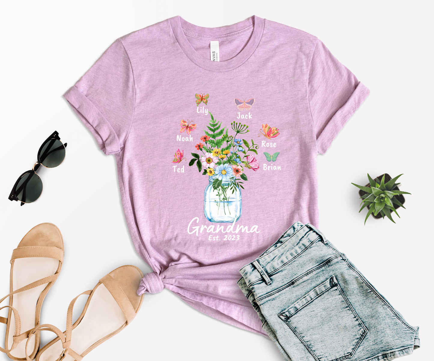 Custom Grandma Shirt, Grandma Est Flower Butterfly Shirt, Grandkids Name Shirt-newamarketing