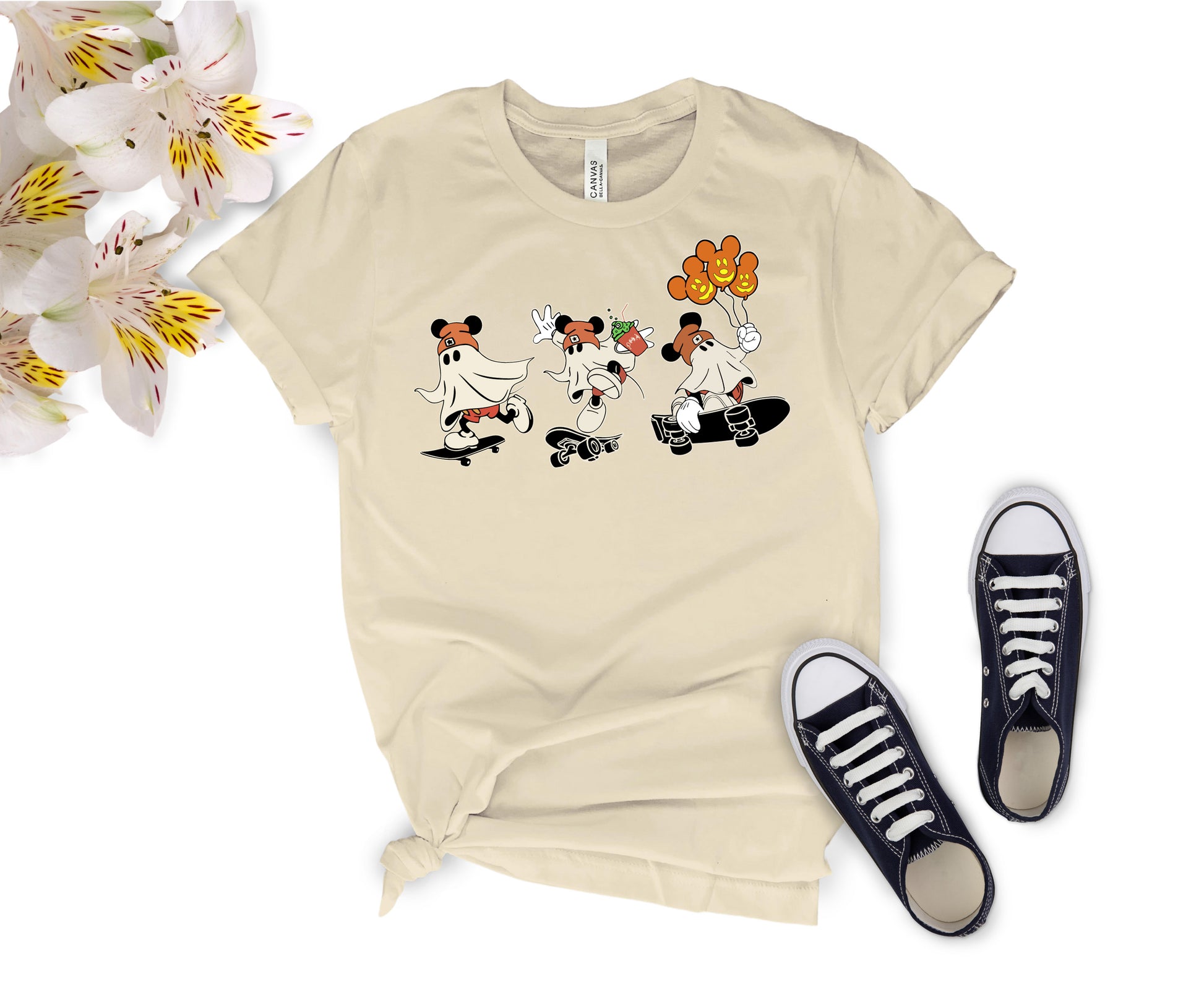 Newa Marketing, Mickey Ghost Skateboarding Shirt, Halloween, family, Mickey and Friends, matching, t-shirts, Made in the USA, high-quality, cotton, graphic tee, Disney,characters, mom, dad, kids, trip, Disneyland, spooky, adult, youth, toddler, baby onesie