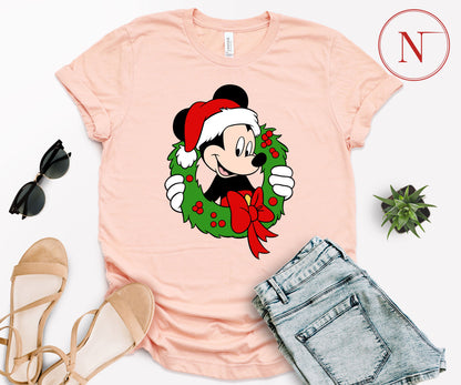 Festive Mickey Mouse Christmas Wreath Shirt – Family Matching Christmas Graphic Tees