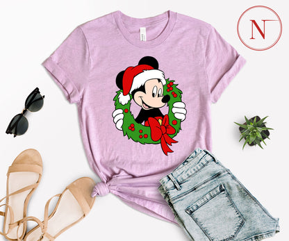 Festive Mickey Mouse Christmas Wreath Shirt – Family Matching Christmas Graphic Tees