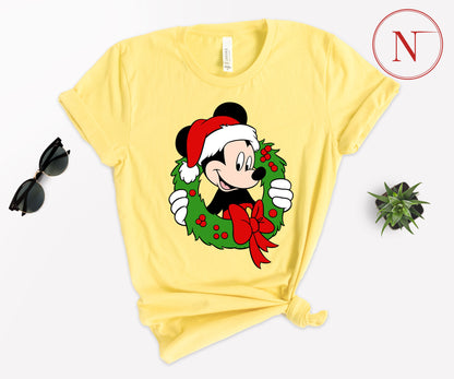 Festive Mickey Mouse Christmas Wreath Shirt – Family Matching Christmas Graphic Tees