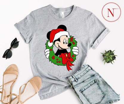 Festive Mickey Mouse Christmas Wreath Shirt – Family Matching Christmas Graphic Tees