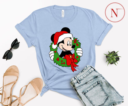 Festive Mickey Mouse Christmas Wreath Shirt – Family Matching Christmas Graphic Tees